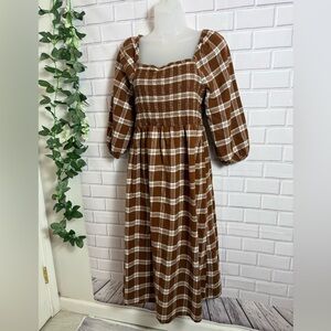 Ingrid & Isabel Brown Plaid Smocked Midi Dress Size M Cottagecore Fall
